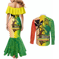 Hawaii Blue Marlin Fishing Couples Matching Mermaid Dress and Long Sleeve Button Shirt Hawaiian Kanaka Kakau Reggae
