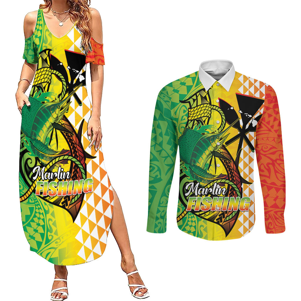 Hawaii Blue Marlin Fishing Couples Matching Summer Maxi Dress and Long Sleeve Button Shirt Hawaiian Kanaka Kakau Reggae