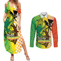 Hawaii Blue Marlin Fishing Couples Matching Summer Maxi Dress and Long Sleeve Button Shirt Hawaiian Kanaka Kakau Reggae