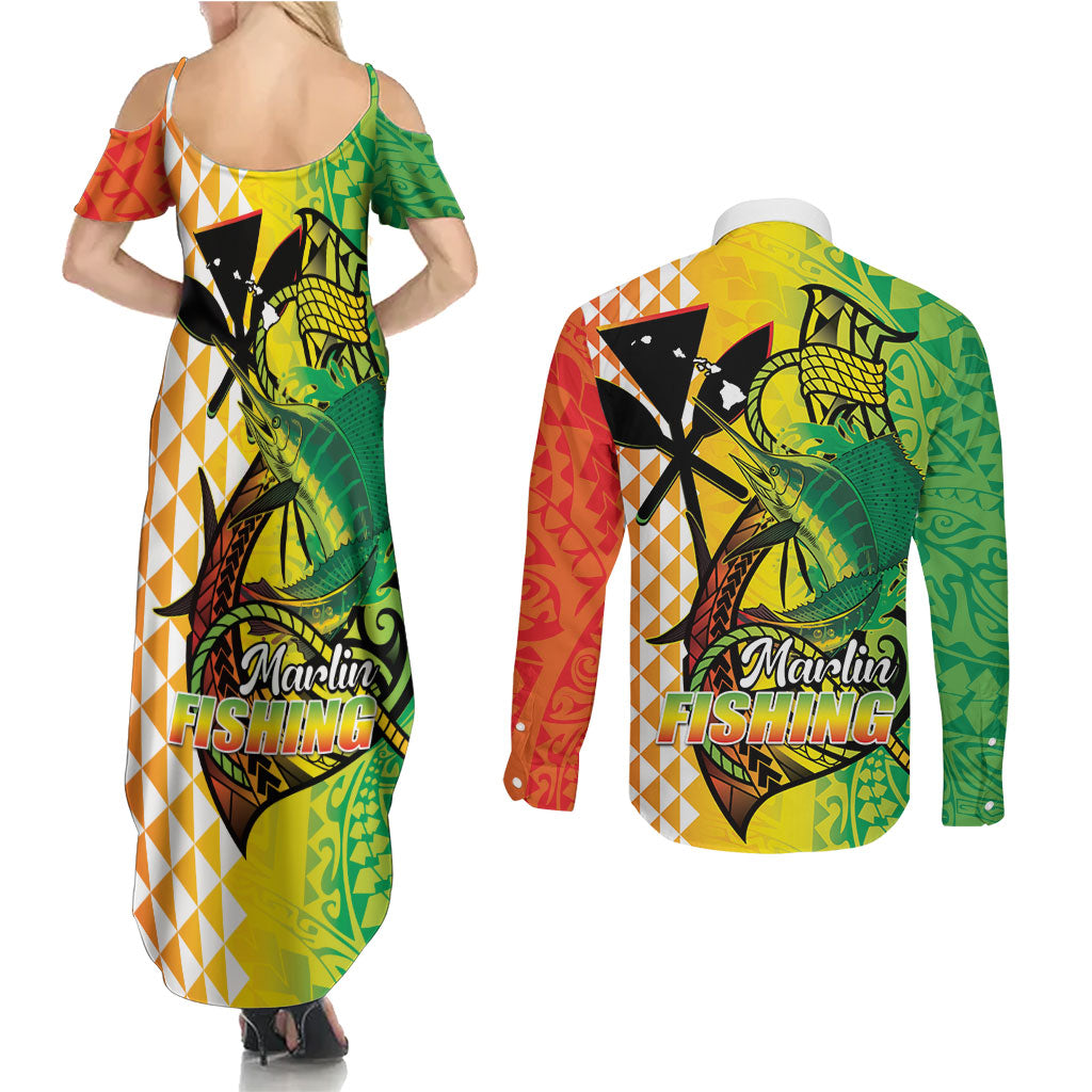 Hawaii Blue Marlin Fishing Couples Matching Summer Maxi Dress and Long Sleeve Button Shirt Hawaiian Kanaka Kakau Reggae