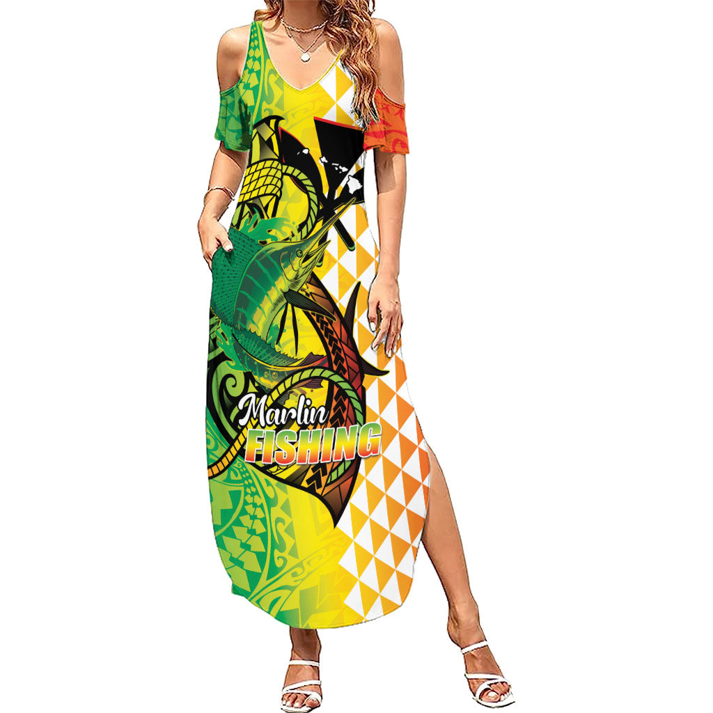 Hawaii Blue Marlin Fishing Family Matching Summer Maxi Dress and Hawaiian Shirt Hawaiian Kanaka Kakau Reggae