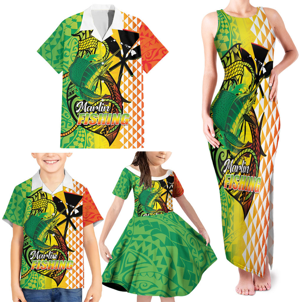 Hawaii Blue Marlin Fishing Family Matching Tank Maxi Dress and Hawaiian Shirt Hawaiian Kanaka Kakau Reggae
