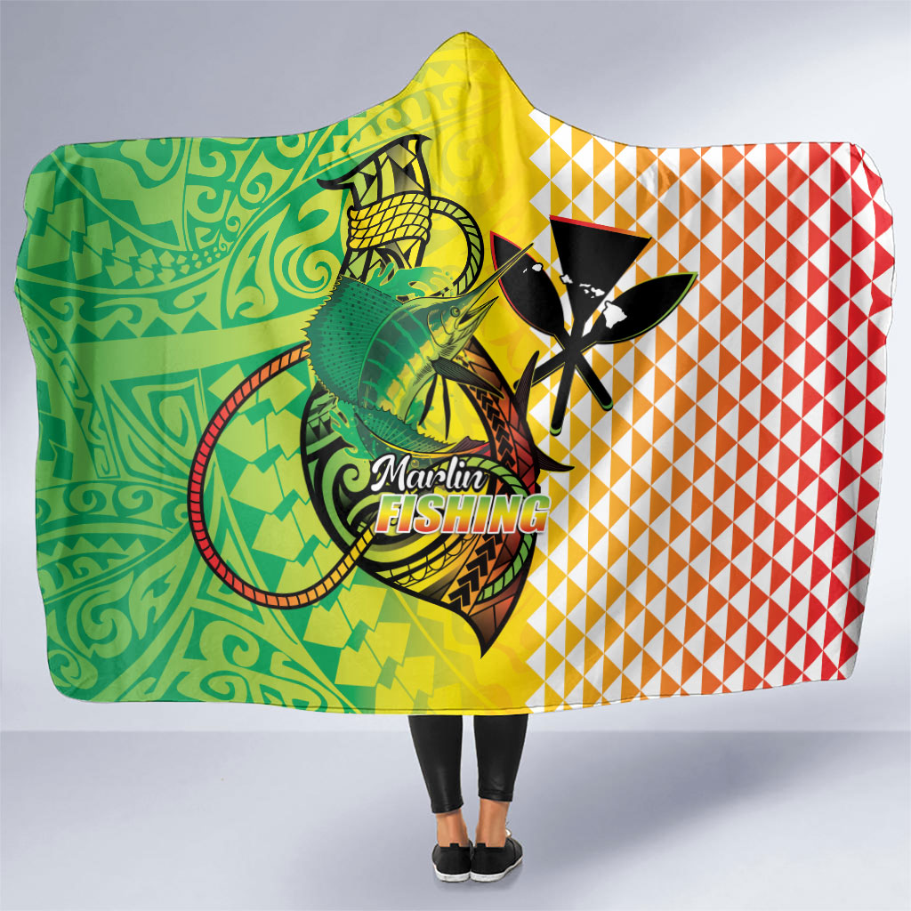 Hawaii Blue Marlin Fishing Hooded Blanket Hawaiian Kanaka Kakau Reggae