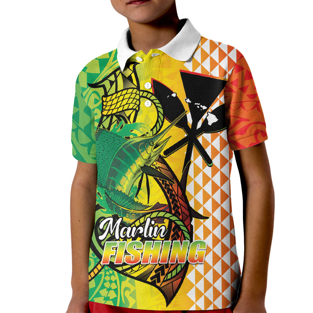 Hawaii Blue Marlin Fishing Kid Polo Shirt Hawaiian Kanaka Kakau Reggae
