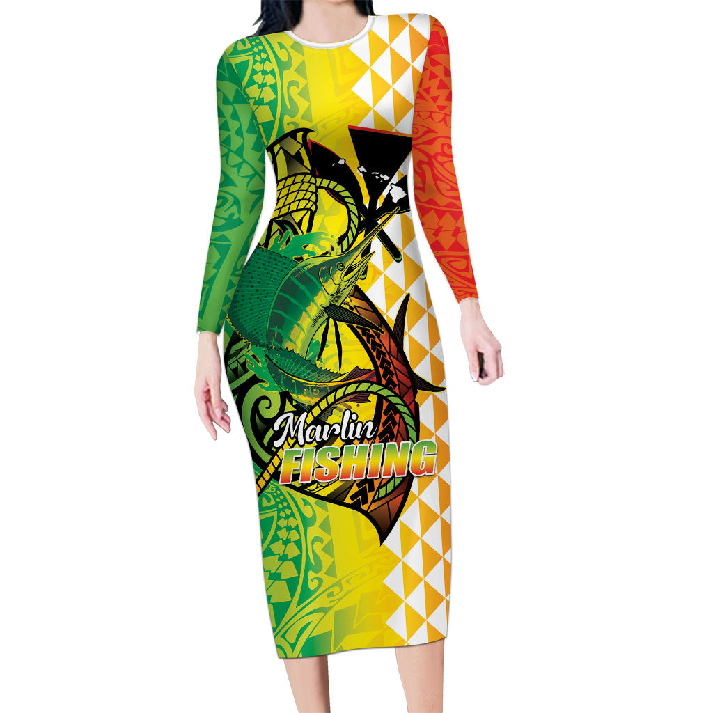 Hawaii Blue Marlin Fishing Long Sleeve Bodycon Dress Hawaiian Kanaka Kakau Reggae LT14 Long Dress Reggae - Polynesian Pride