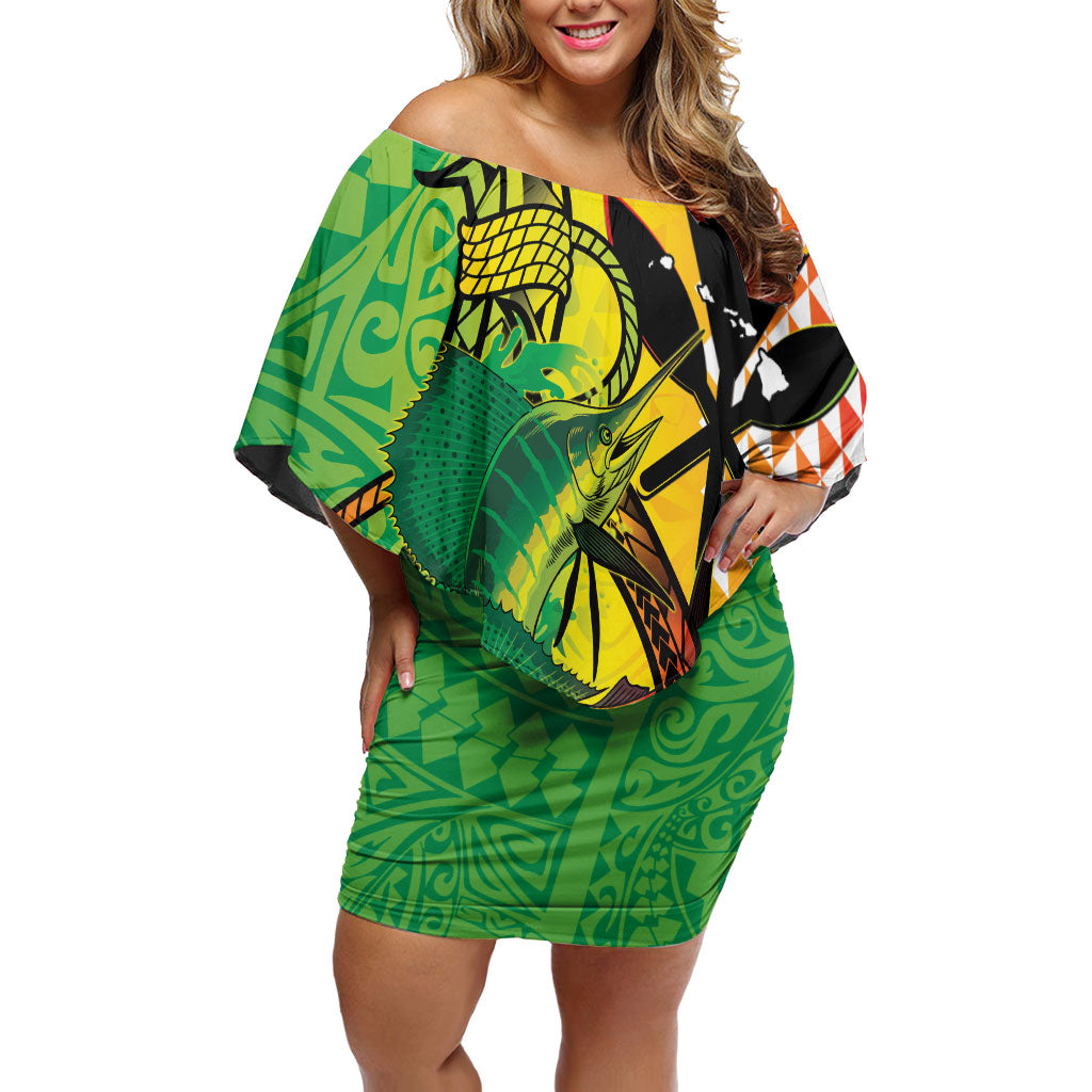 Hawaii Blue Marlin Fishing Off Shoulder Short Dress Hawaiian Kanaka Kakau Reggae LT14 Women Reggae - Polynesian Pride