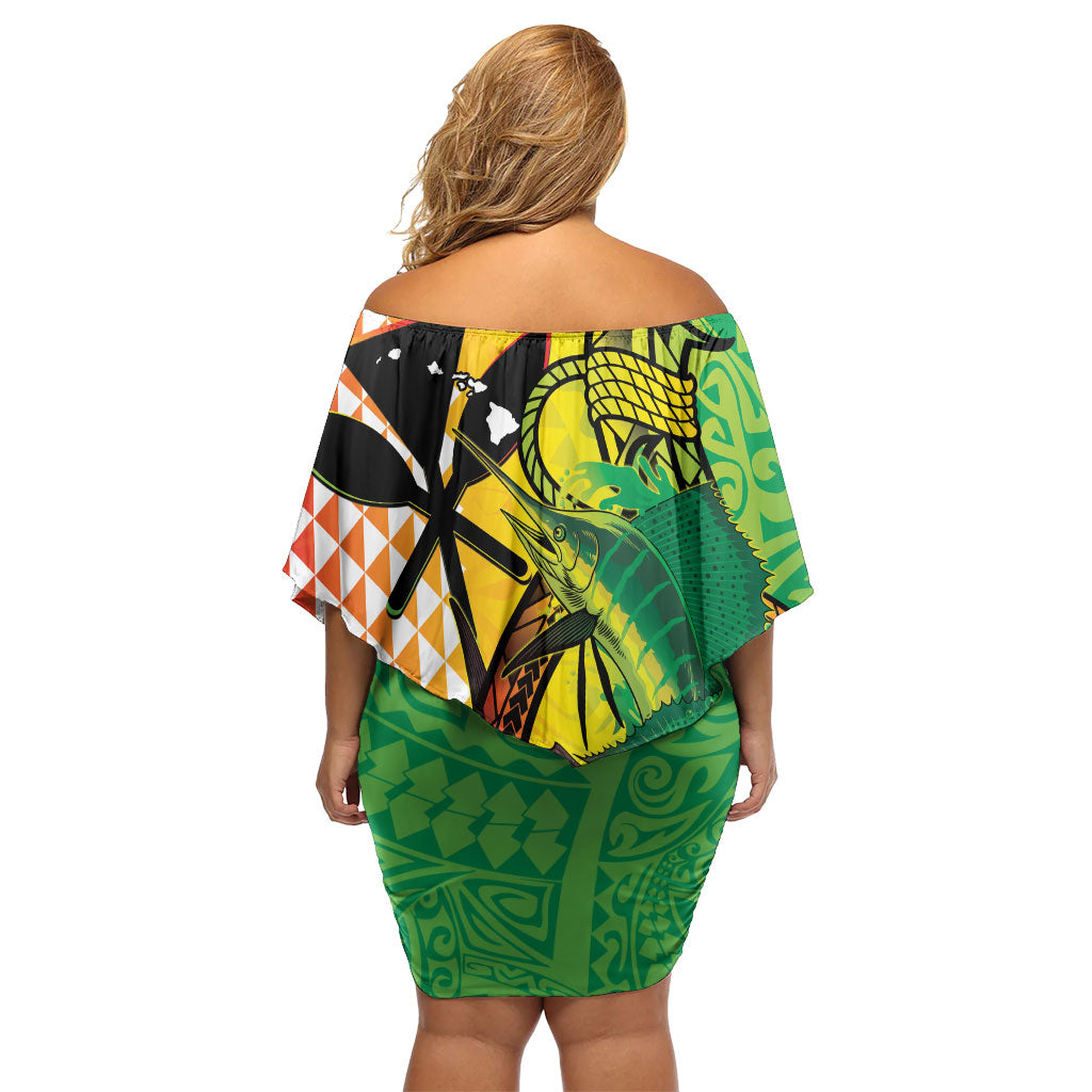 Hawaii Blue Marlin Fishing Off Shoulder Short Dress Hawaiian Kanaka Kakau Reggae LT14 - Polynesian Pride