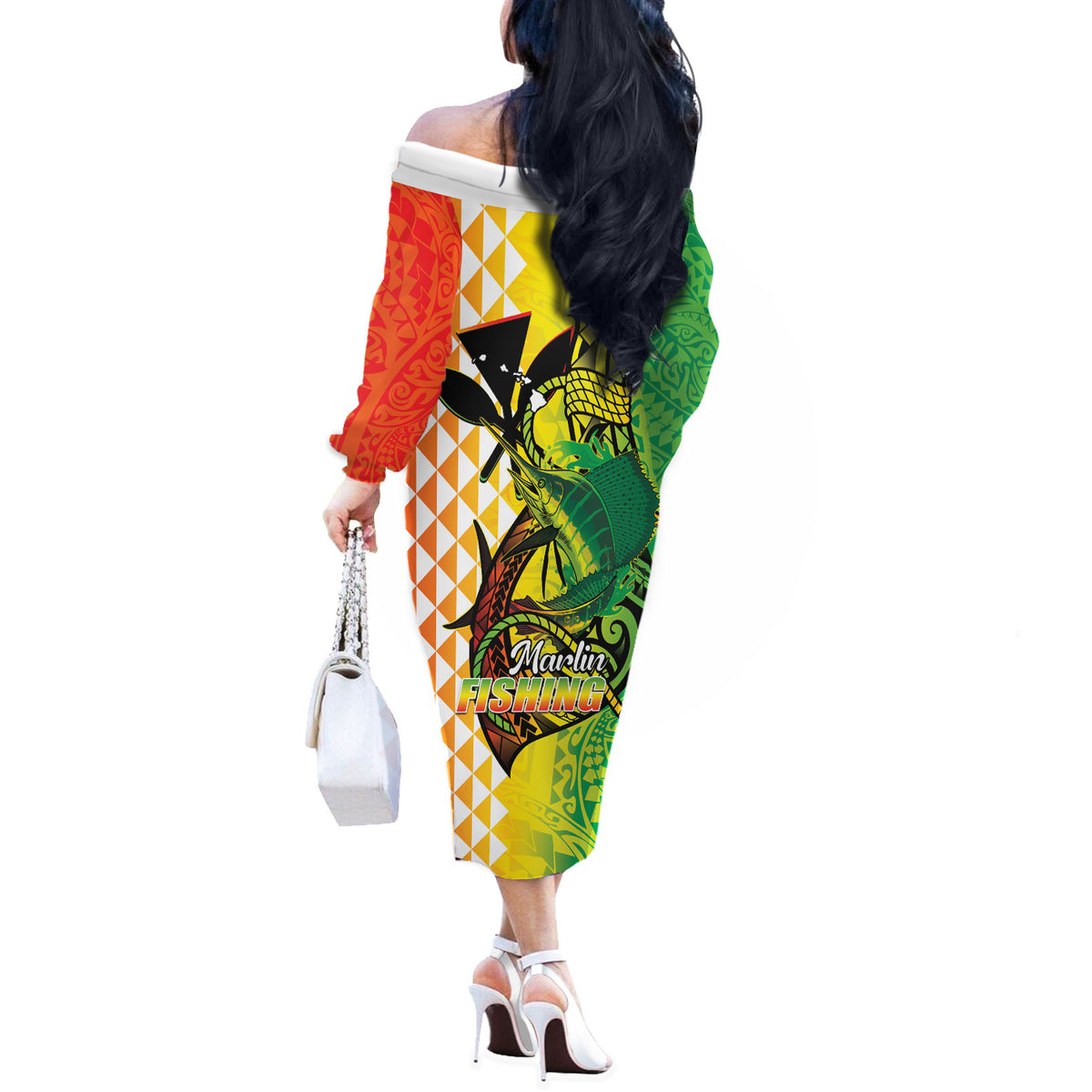 Hawaii Blue Marlin Fishing Off The Shoulder Long Sleeve Dress Hawaiian Kanaka Kakau Reggae