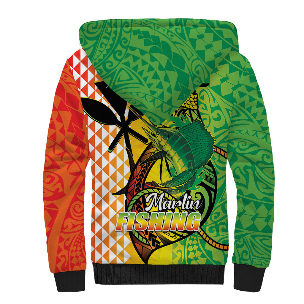 Hawaii Blue Marlin Fishing Sherpa Hoodie Hawaiian Kanaka Kakau Reggae