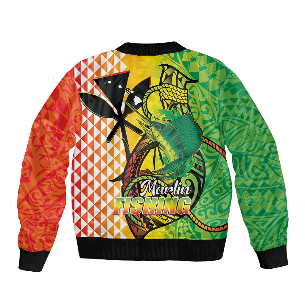 Hawaii Blue Marlin Fishing Sleeve Zip Bomber Jacket Hawaiian Kanaka Kakau Reggae LT14 - Polynesian Pride