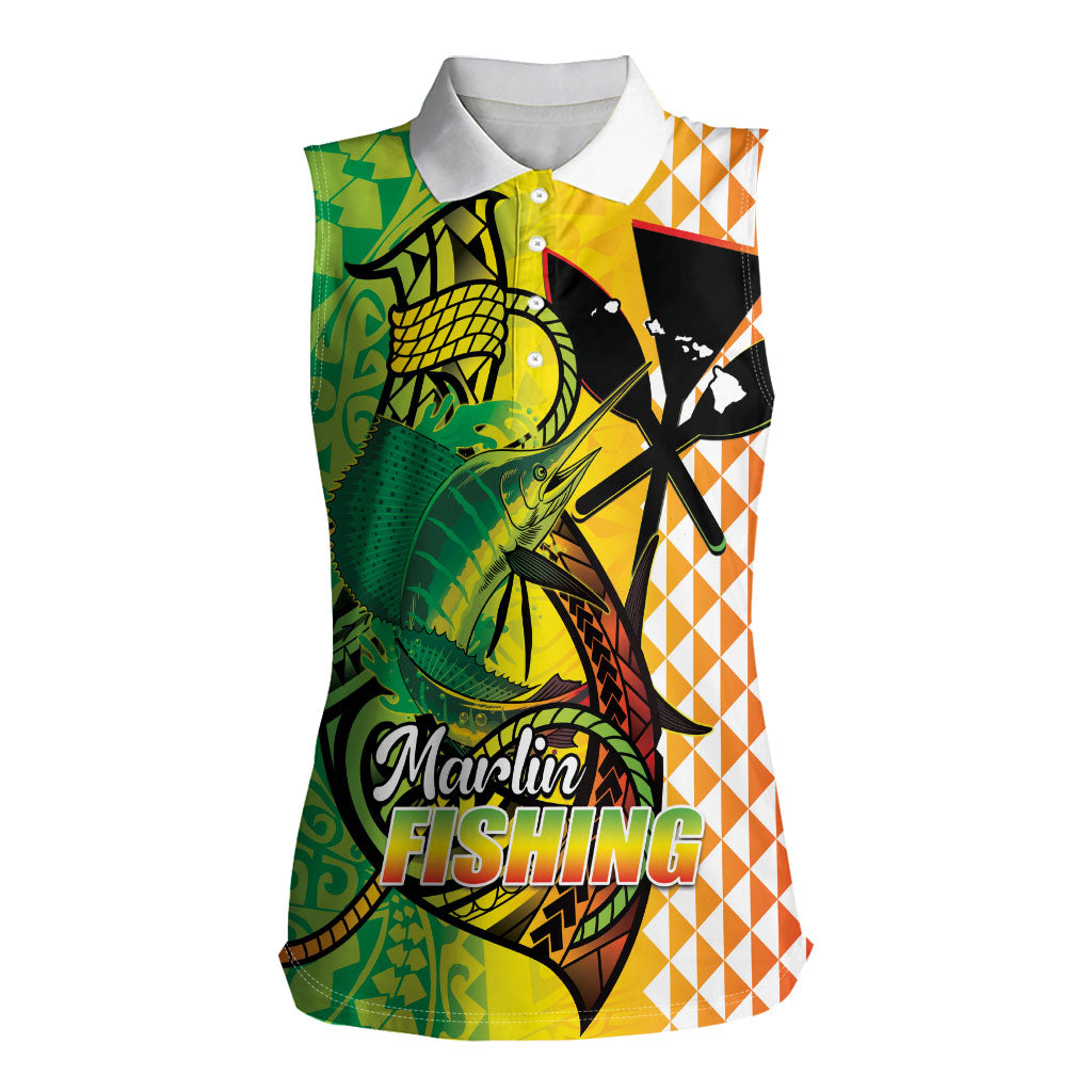 Hawaii Blue Marlin Fishing Women Sleeveless Polo Shirt Hawaiian Kanaka Kakau Reggae LT14 Female Reggae - Polynesian Pride
