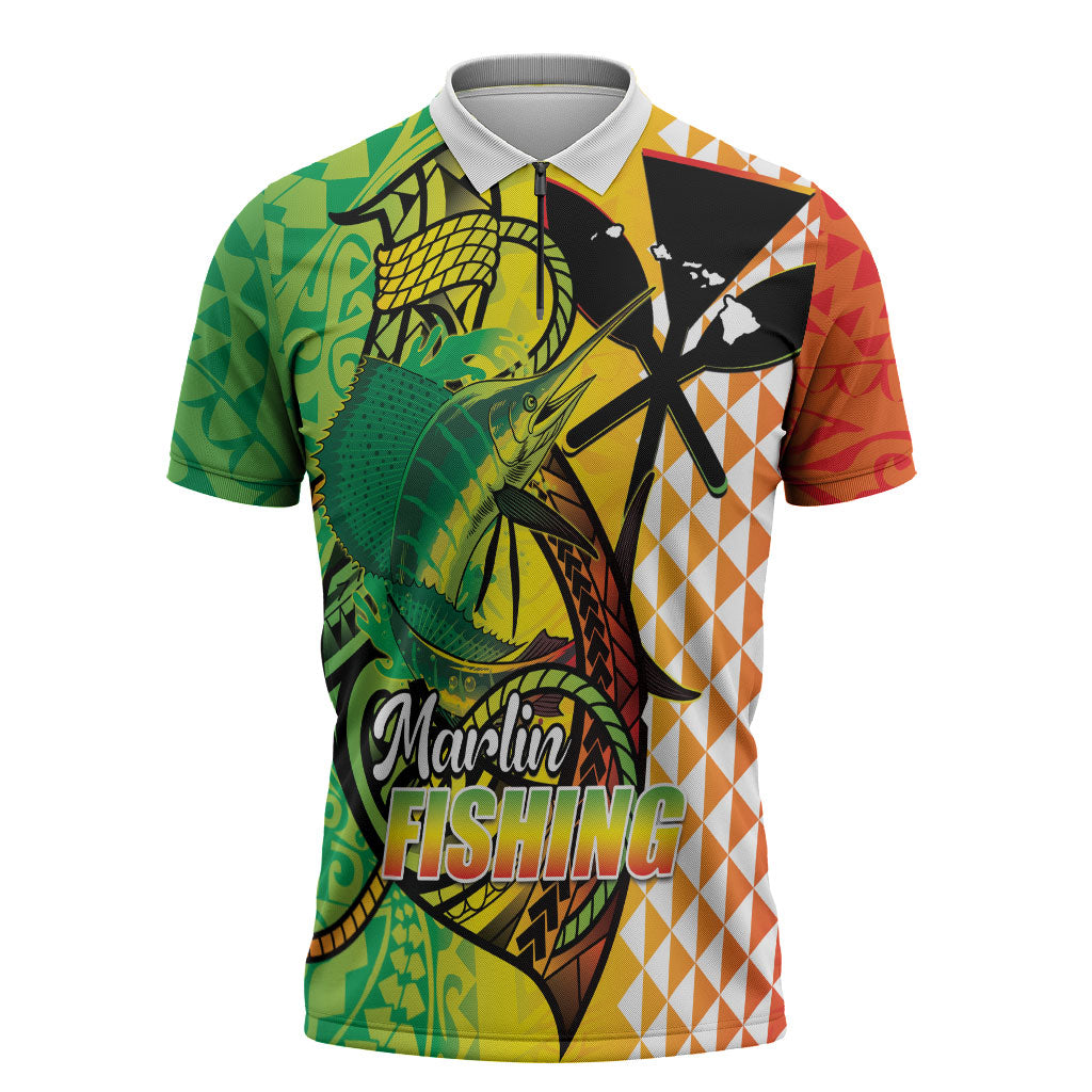 Hawaii Blue Marlin Fishing Zipper Polo Shirt Hawaiian Kanaka Kakau Reggae