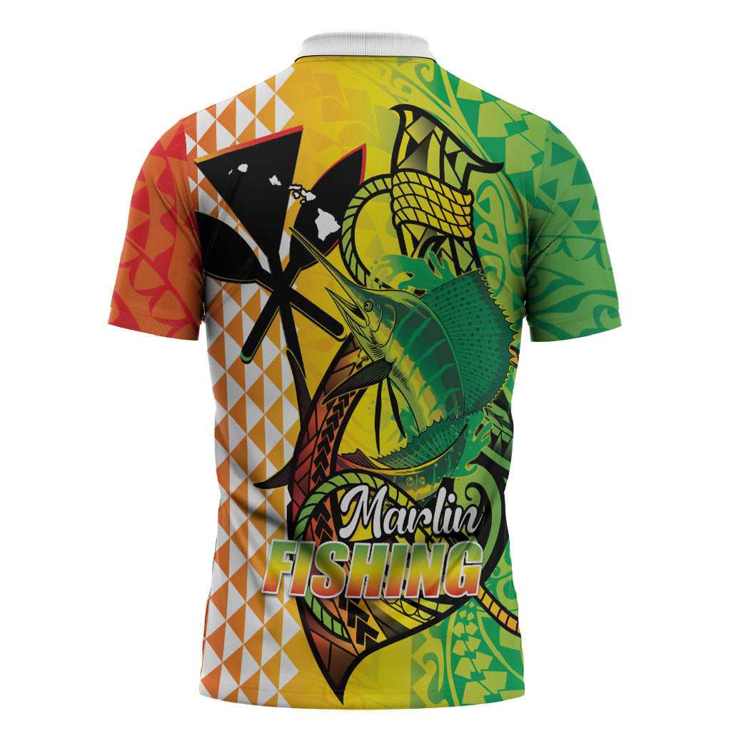 Hawaii Blue Marlin Fishing Zipper Polo Shirt Hawaiian Kanaka Kakau Reggae