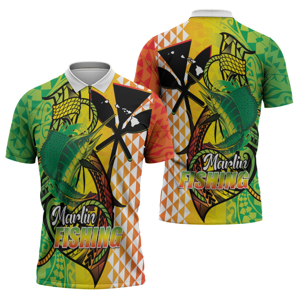 Hawaii Blue Marlin Fishing Zipper Polo Shirt Hawaiian Kanaka Kakau Reggae