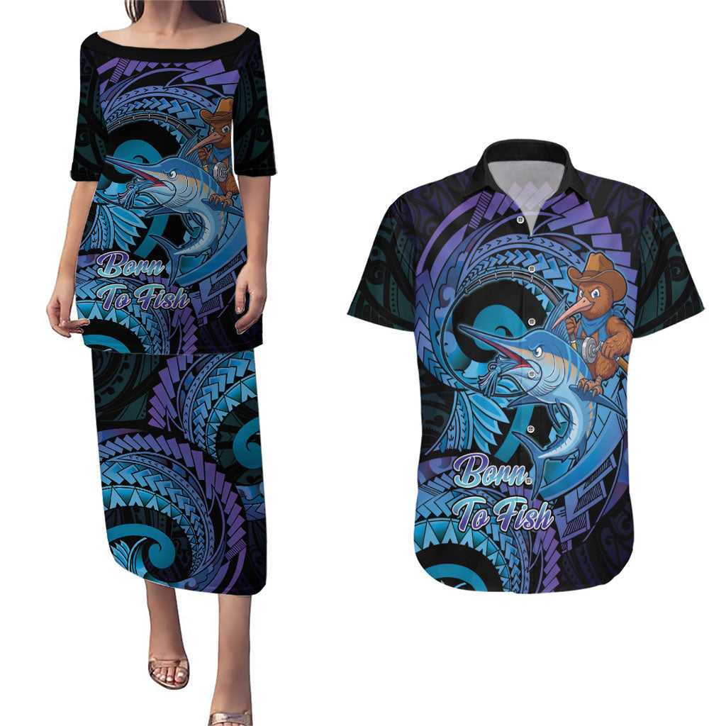 Personalised Blue Marlin Fishing New Zealand Couples Matching Puletasi and Hawaiian Shirt NZ Kiwi Cowboy Born To Fish