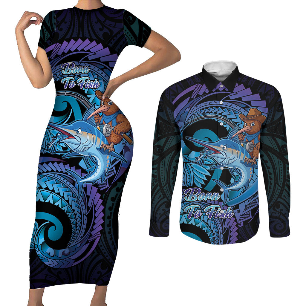 Personalised Blue Marlin Fishing New Zealand Couples Matching Short Sleeve Bodycon Dress and Long Sleeve Button Shirt NZ Kiwi Cowboy Born To Fish