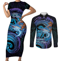 Personalised Blue Marlin Fishing New Zealand Couples Matching Short Sleeve Bodycon Dress and Long Sleeve Button Shirt NZ Kiwi Cowboy Born To Fish