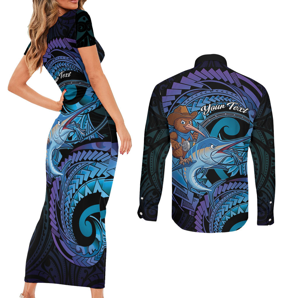 Personalised Blue Marlin Fishing New Zealand Couples Matching Short Sleeve Bodycon Dress and Long Sleeve Button Shirt NZ Kiwi Cowboy Born To Fish
