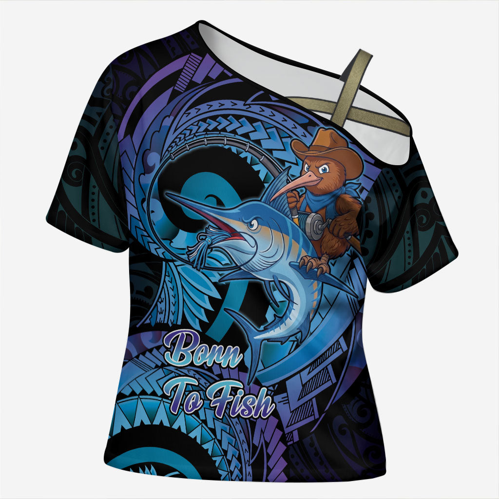 Personalised Blue Marlin Fishing New Zealand Cross Shoulder Shirt NZ Kiwi Cowboy Born To Fish