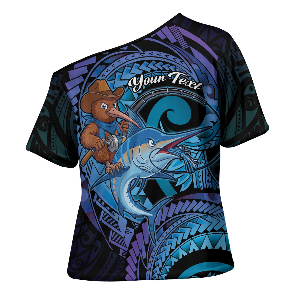 Personalised Blue Marlin Fishing New Zealand Cross Shoulder Shirt NZ Kiwi Cowboy Born To Fish