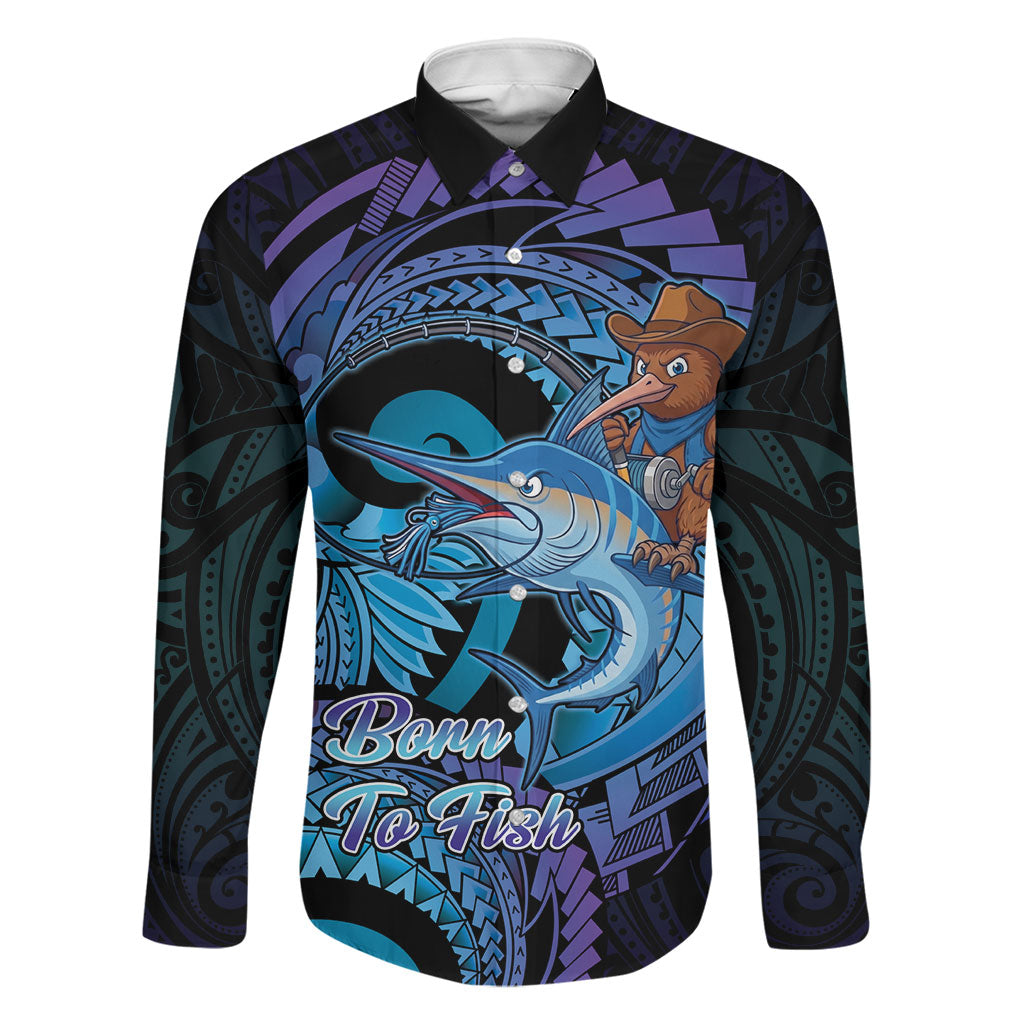 Personalised Blue Marlin Fishing New Zealand Family Matching Off Shoulder Short Dress and Hawaiian Shirt NZ Kiwi Cowboy Born To Fish LT14 Dad's Shirt - Long Sleeve Purple - Polynesian Pride