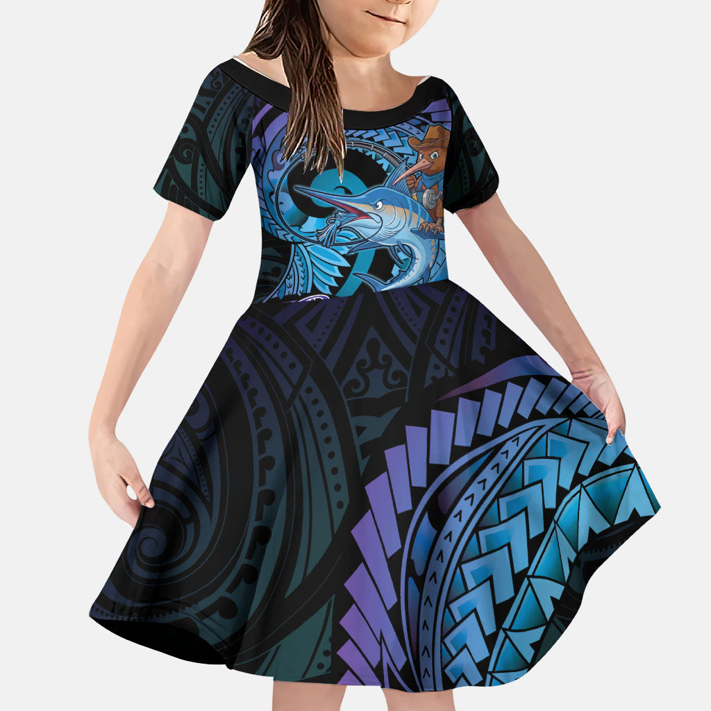 Personalised Blue Marlin Fishing New Zealand Family Matching Puletasi and Hawaiian Shirt NZ Kiwi Cowboy Born To Fish LT14 Daughter's Dress Purple - Polynesian Pride