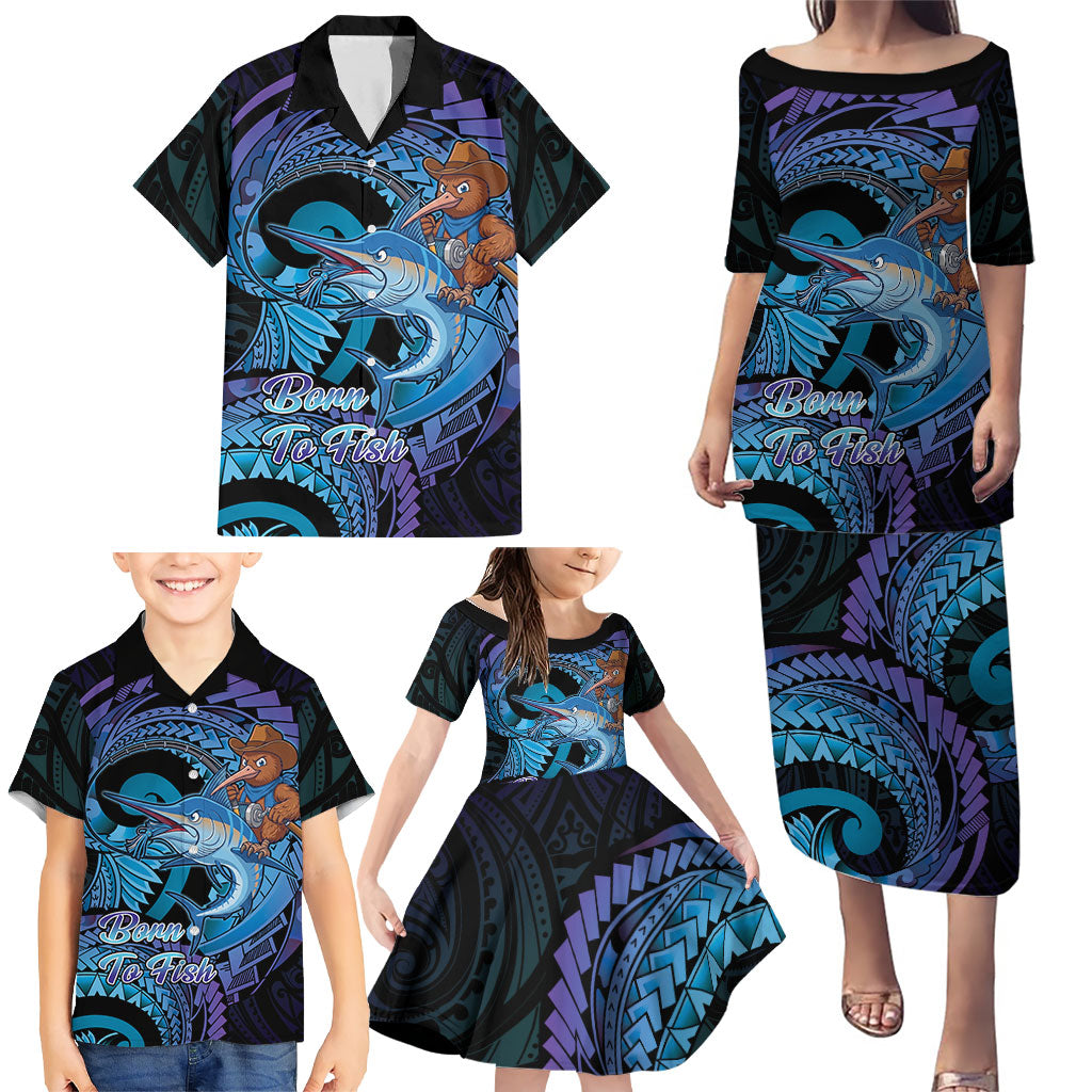 Personalised Blue Marlin Fishing New Zealand Family Matching Puletasi and Hawaiian Shirt NZ Kiwi Cowboy Born To Fish