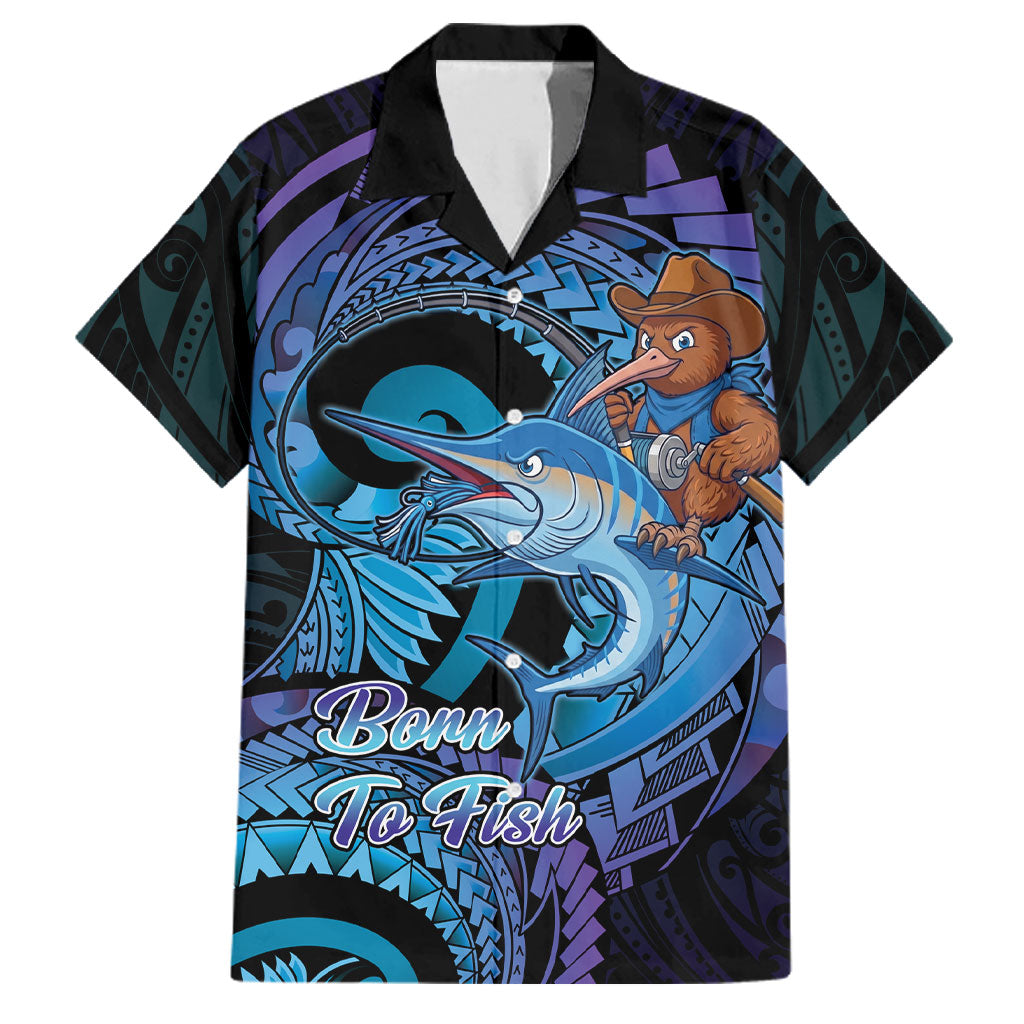 Personalised Blue Marlin Fishing New Zealand Family Matching Short Sleeve Bodycon Dress and Hawaiian Shirt NZ Kiwi Cowboy Born To Fish LT14 Dad's Shirt - Short Sleeve Purple - Polynesian Pride