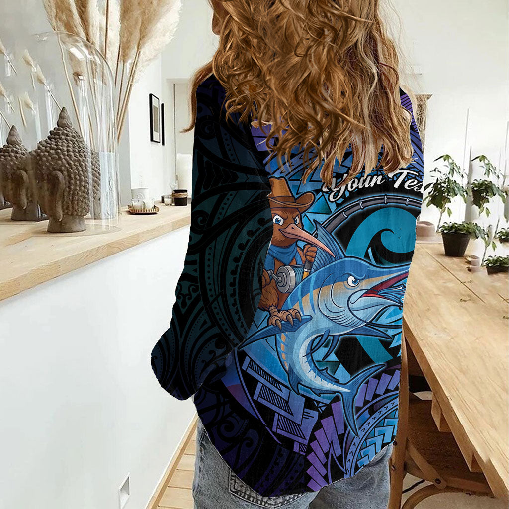 Personalised Blue Marlin Fishing New Zealand Women Casual Shirt NZ Kiwi Cowboy Born To Fish
