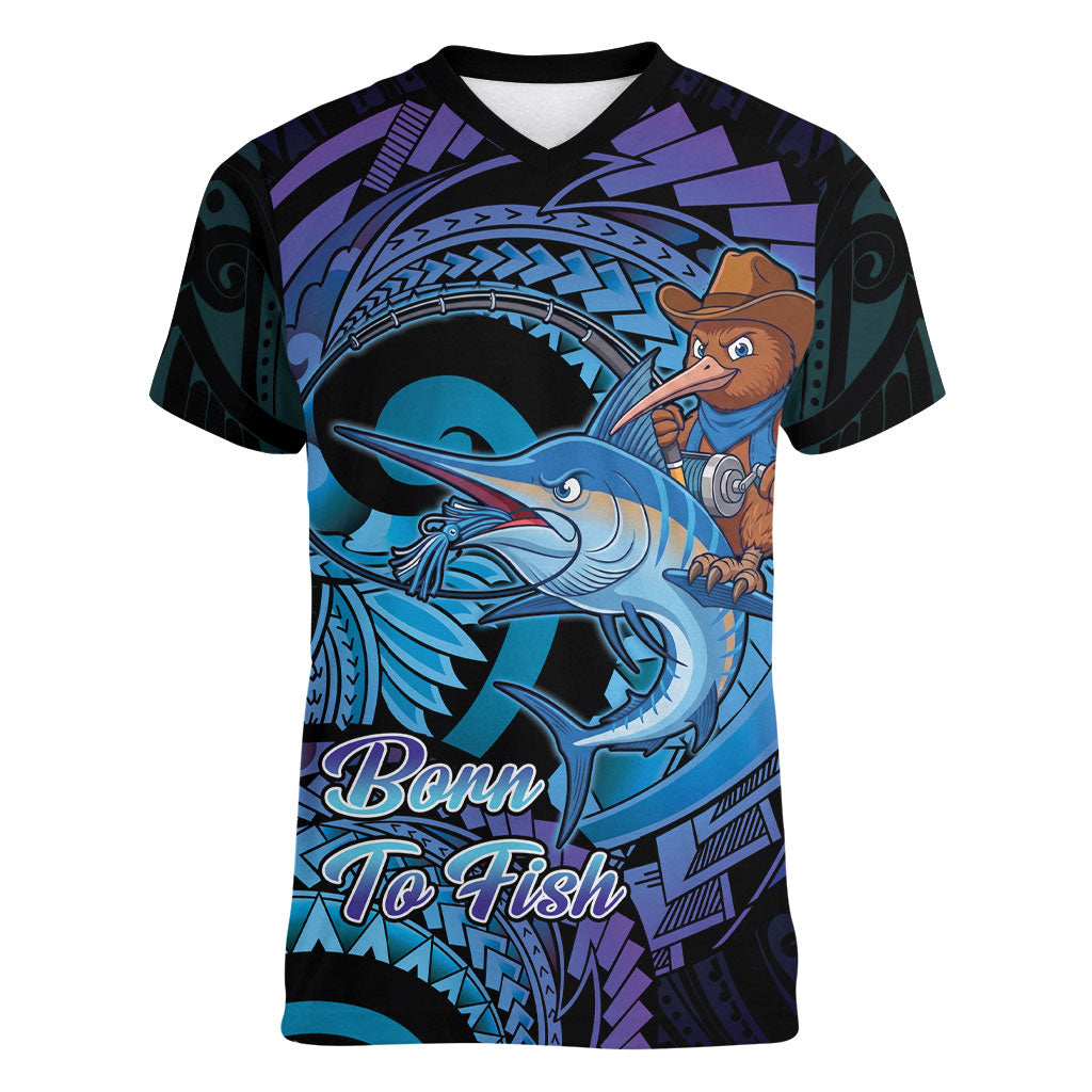 Personalised Blue Marlin Fishing New Zealand Women V-Neck T-Shirt NZ Kiwi Cowboy Born To Fish