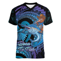 Personalised Blue Marlin Fishing New Zealand Women V-Neck T-Shirt NZ Kiwi Cowboy Born To Fish