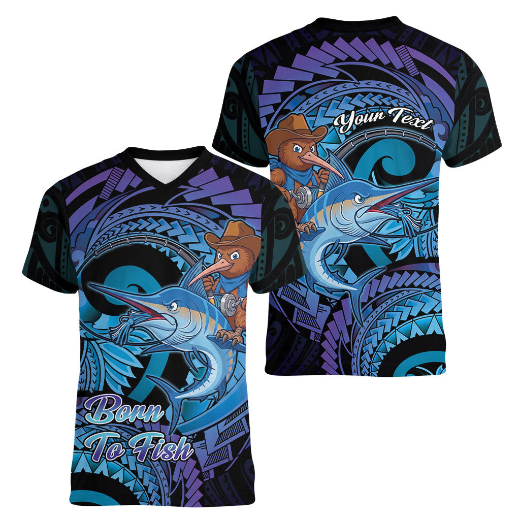 Personalised Blue Marlin Fishing New Zealand Women V-Neck T-Shirt NZ Kiwi Cowboy Born To Fish