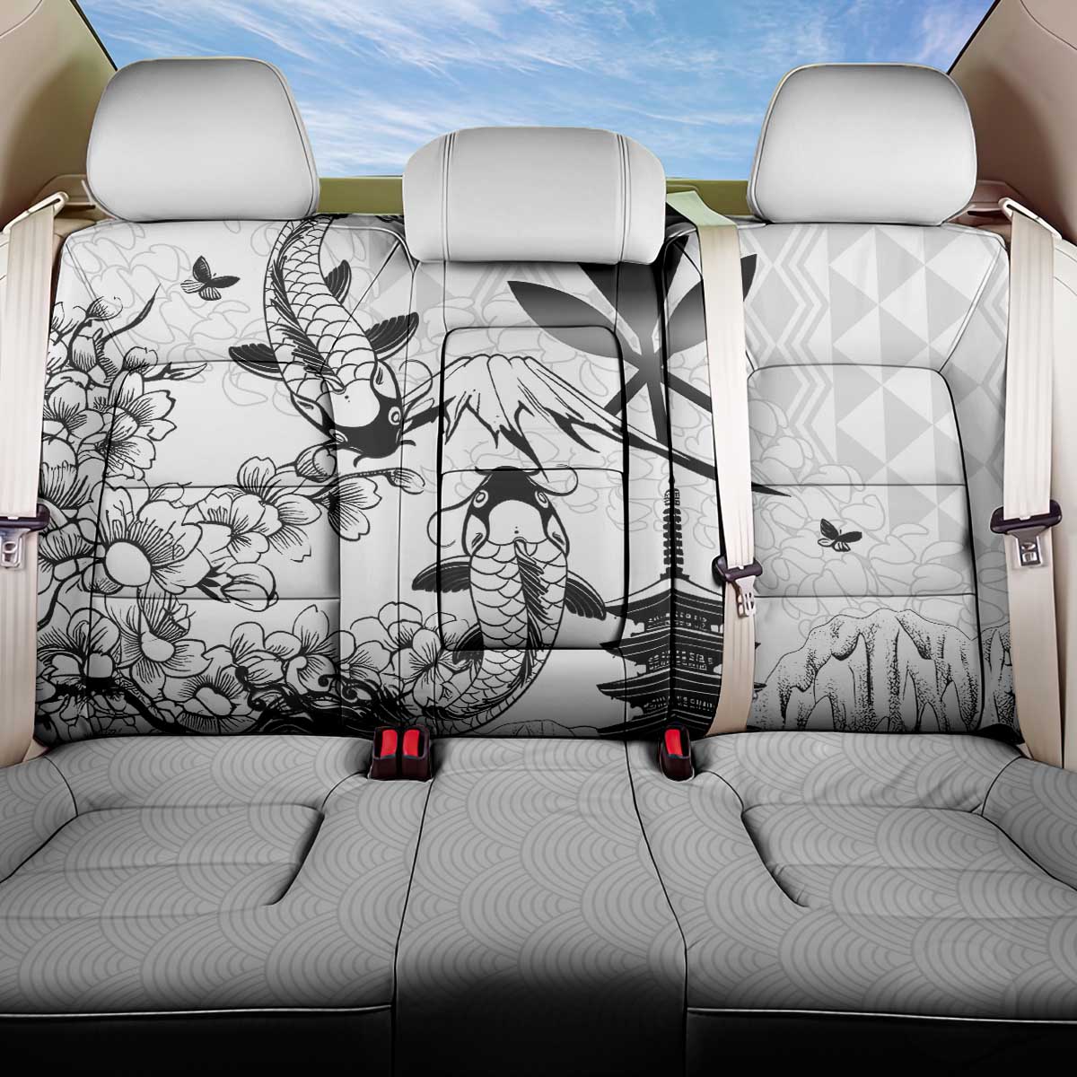 Japan And Hawaii Back Car Seat Cover Sakura Koi Fish Hawaiian Lei Kanaka - Polynesian Pride