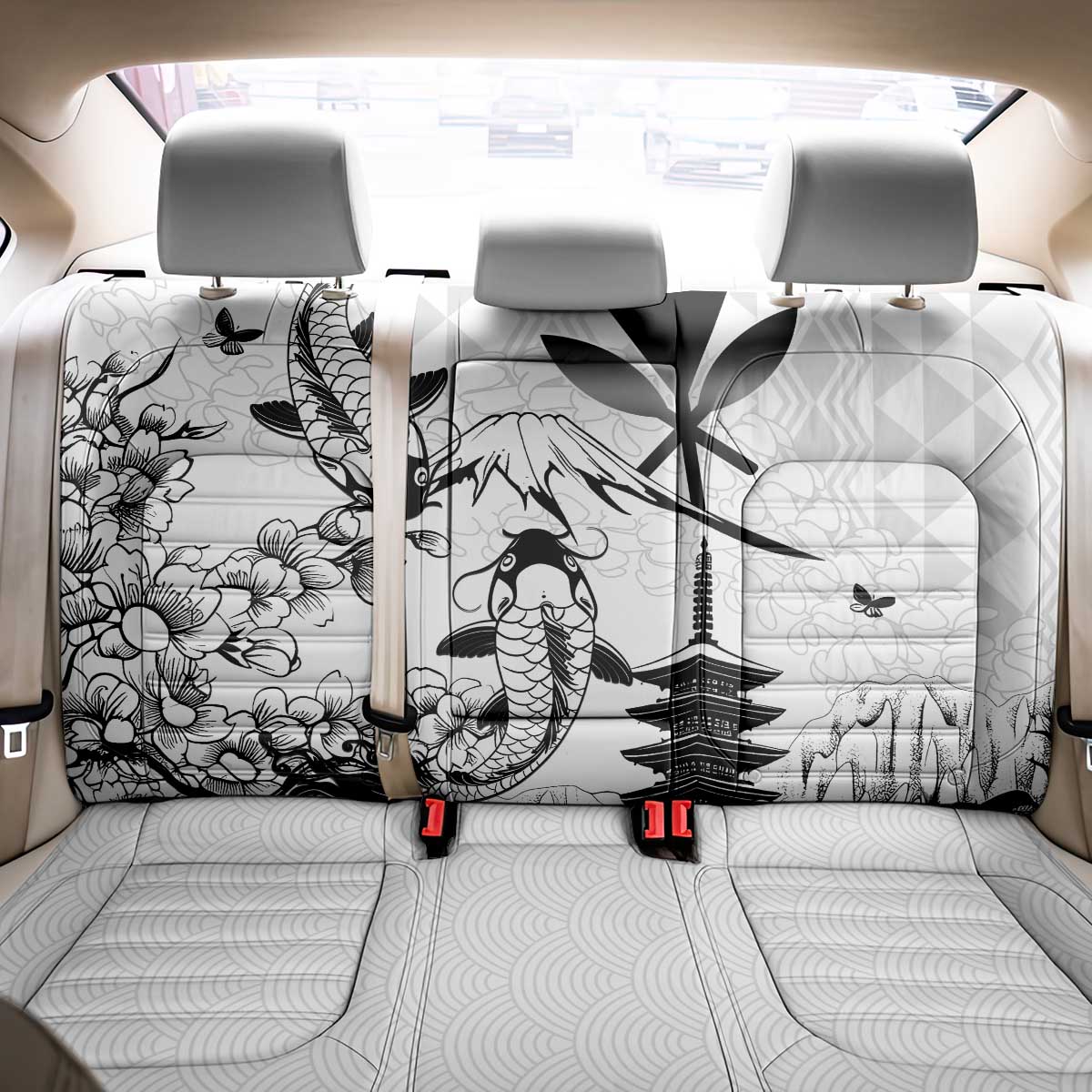 Japan And Hawaii Back Car Seat Cover Sakura Koi Fish Hawaiian Lei Kanaka - Polynesian Pride