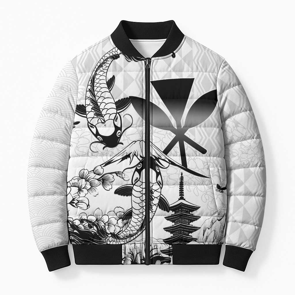 Japan And Hawaii Bomber Puffer Jacket Sakura Koi Fish Hawaiian Lei Kanaka - Polynesian Pride