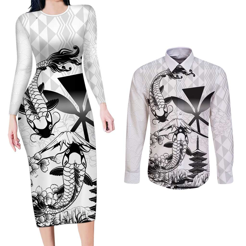 Japan And Hawaii Couples Matching Long Sleeve Bodycon Dress and Long Sleeve Button Shirt Sakura Koi Fish Hawaiian Lei Kanaka - Polynesian Pride