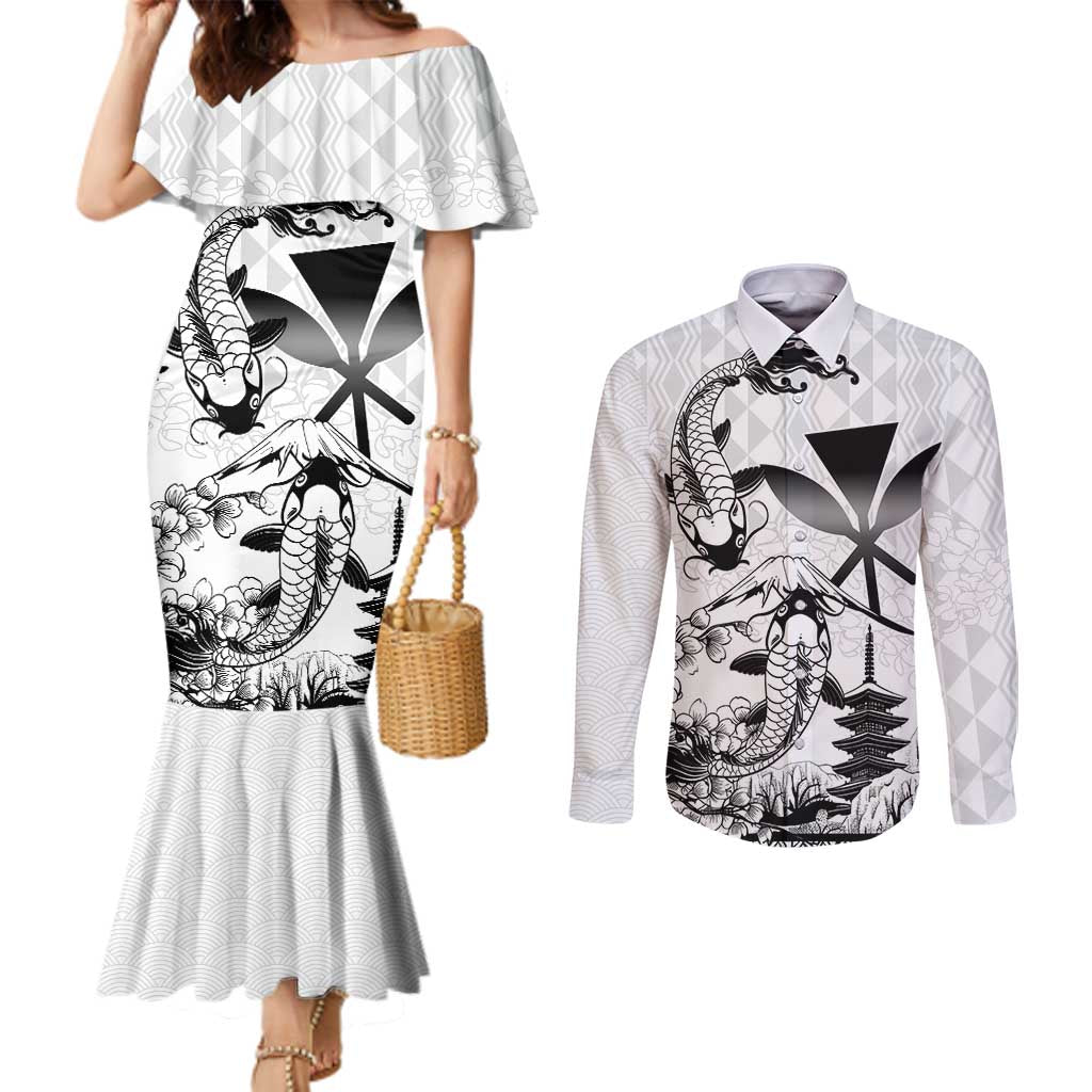Japan And Hawaii Couples Matching Mermaid Dress and Long Sleeve Button Shirt Sakura Koi Fish Hawaiian Lei Kanaka - Polynesian Pride