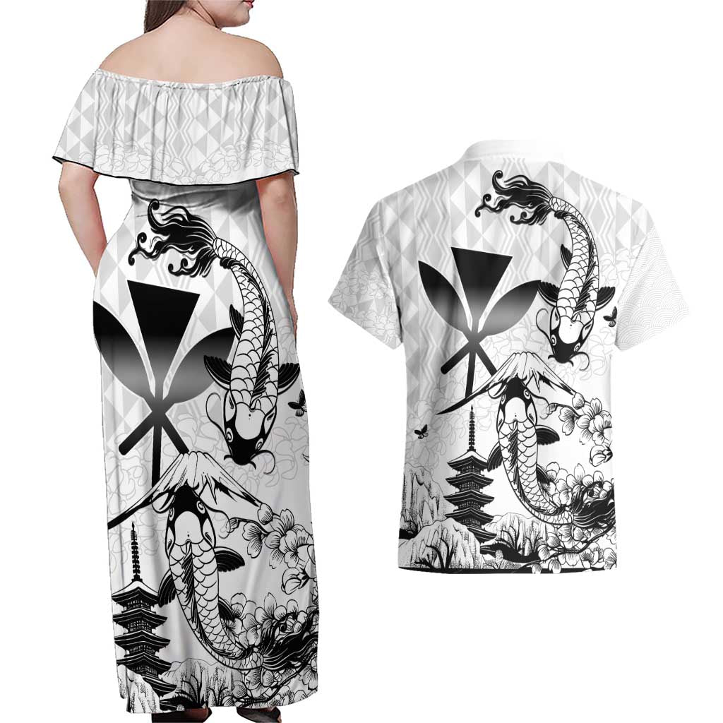 Japan And Hawaii Couples Matching Off Shoulder Maxi Dress and Hawaiian Shirt Sakura Koi Fish Hawaiian Lei Kanaka LT14 - Polynesian Pride