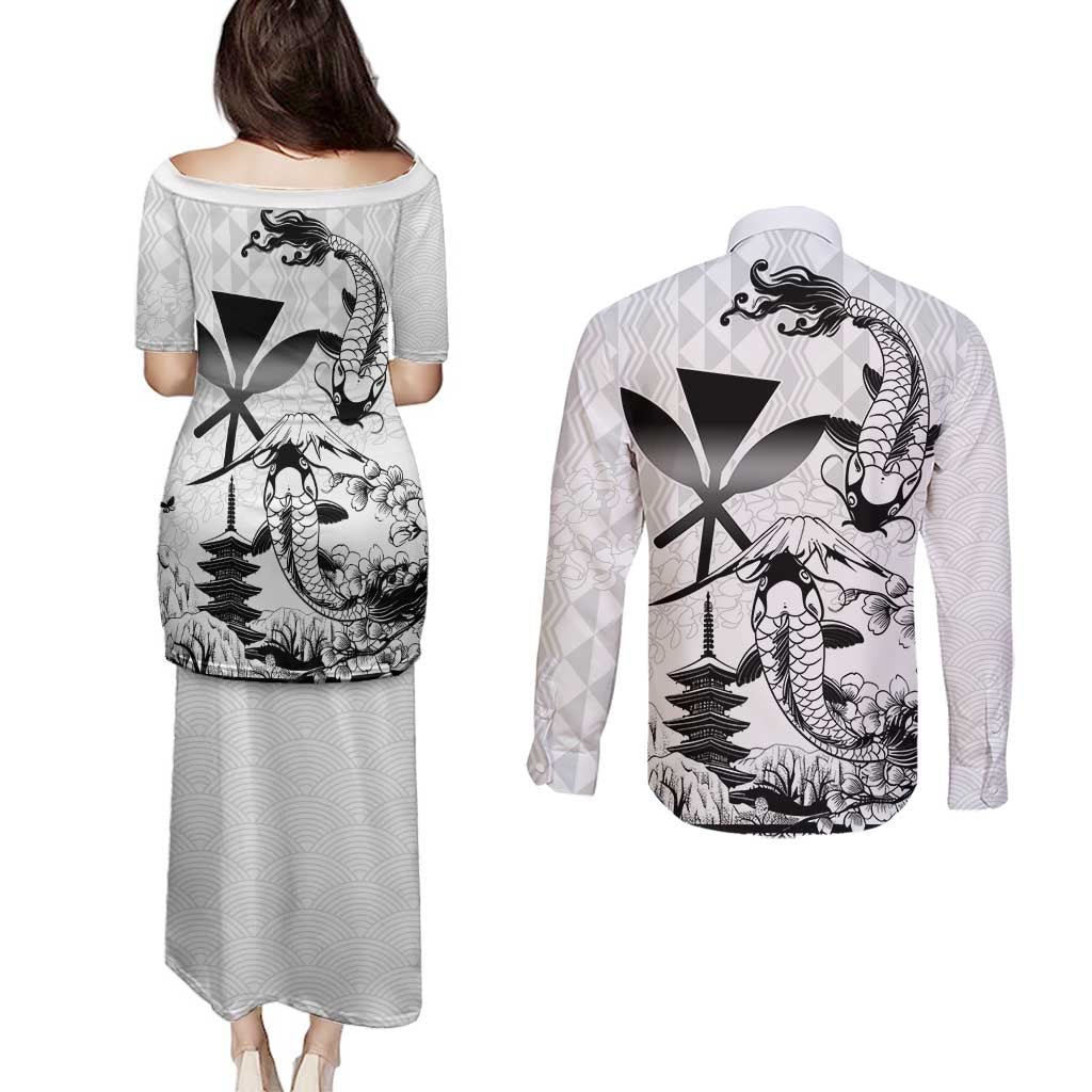 Japan And Hawaii Couples Matching Puletasi and Long Sleeve Button Shirt Sakura Koi Fish Hawaiian Lei Kanaka - Polynesian Pride