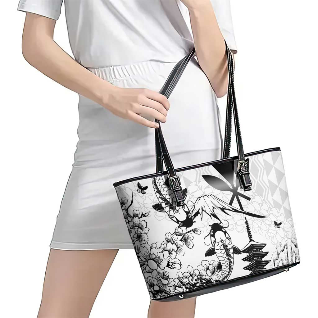 Japan And Hawaii Leather Tote Bag Sakura Koi Fish Hawaiian Lei Kanaka - Polynesian Pride