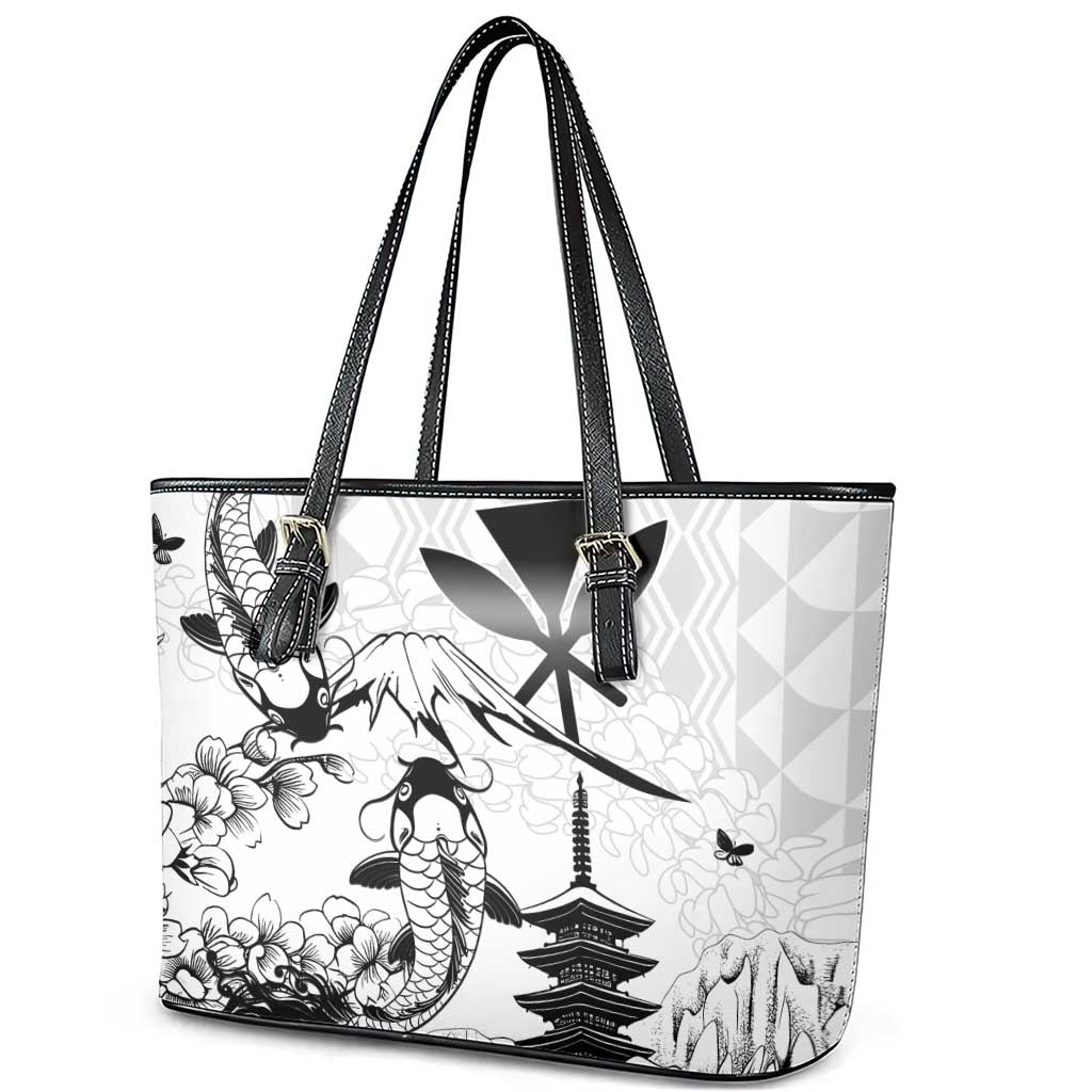 Japan And Hawaii Leather Tote Bag Sakura Koi Fish Hawaiian Lei Kanaka - Polynesian Pride