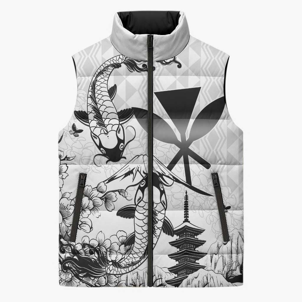 Japan And Hawaii Sleeveless Puffer Jacket Sakura Koi Fish Hawaiian Lei Kanaka - Polynesian Pride