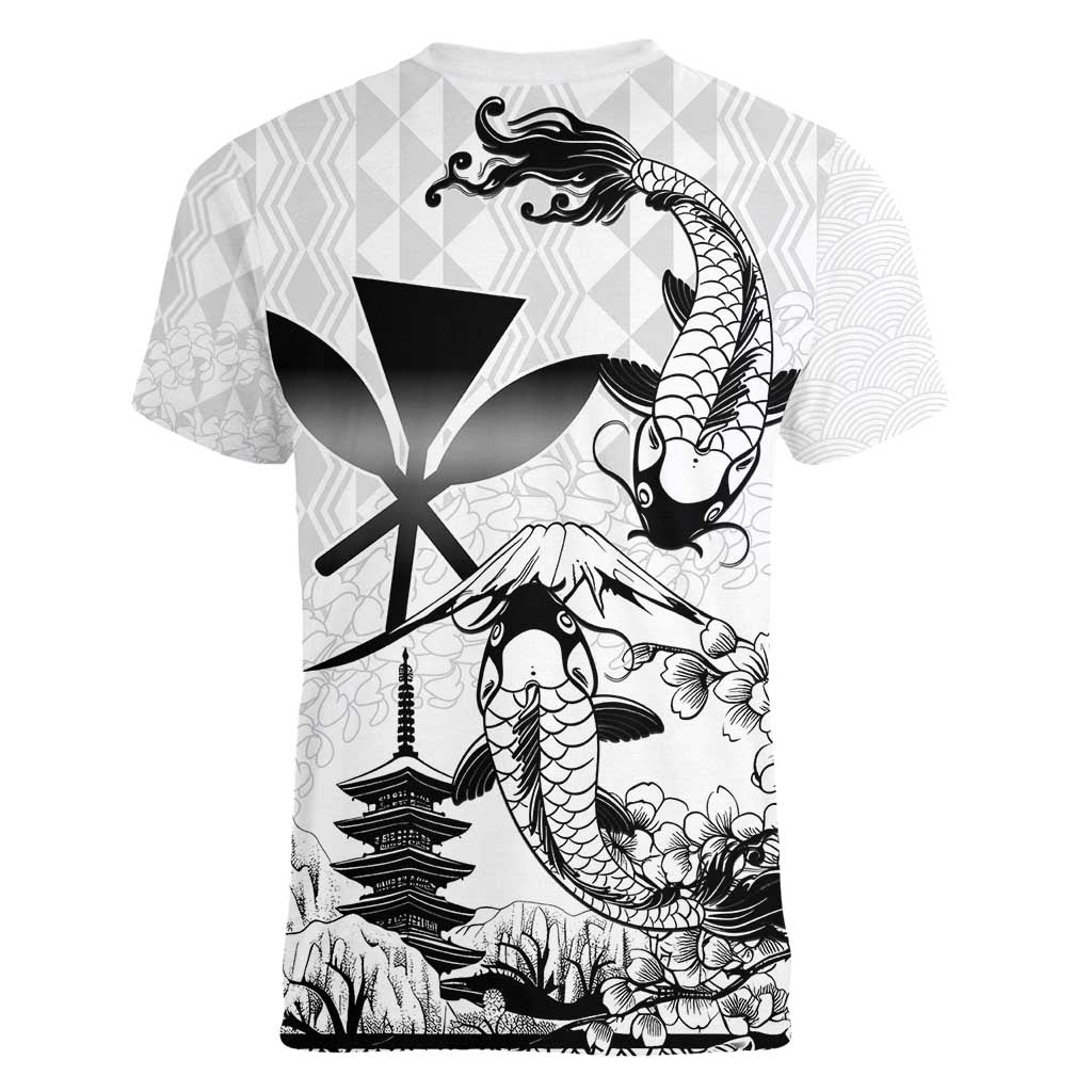 Japan And Hawaii Women V-Neck T-Shirt Sakura Koi Fish Hawaiian Lei Kanaka - Polynesian Pride