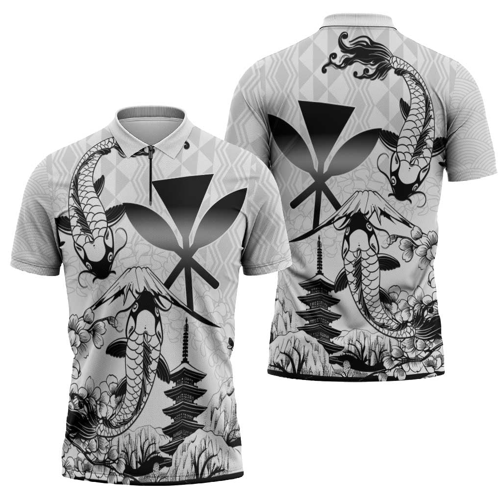 Japan And Hawaii Zipper Polo Shirt Sakura Koi Fish Hawaiian Lei Kanaka - Polynesian Pride
