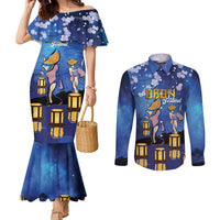Japan Obon Festival Couples Matching Mermaid Dress and Long Sleeve Button Shirt Sakura Lanterns With Bon Dance - Polynesian Pride