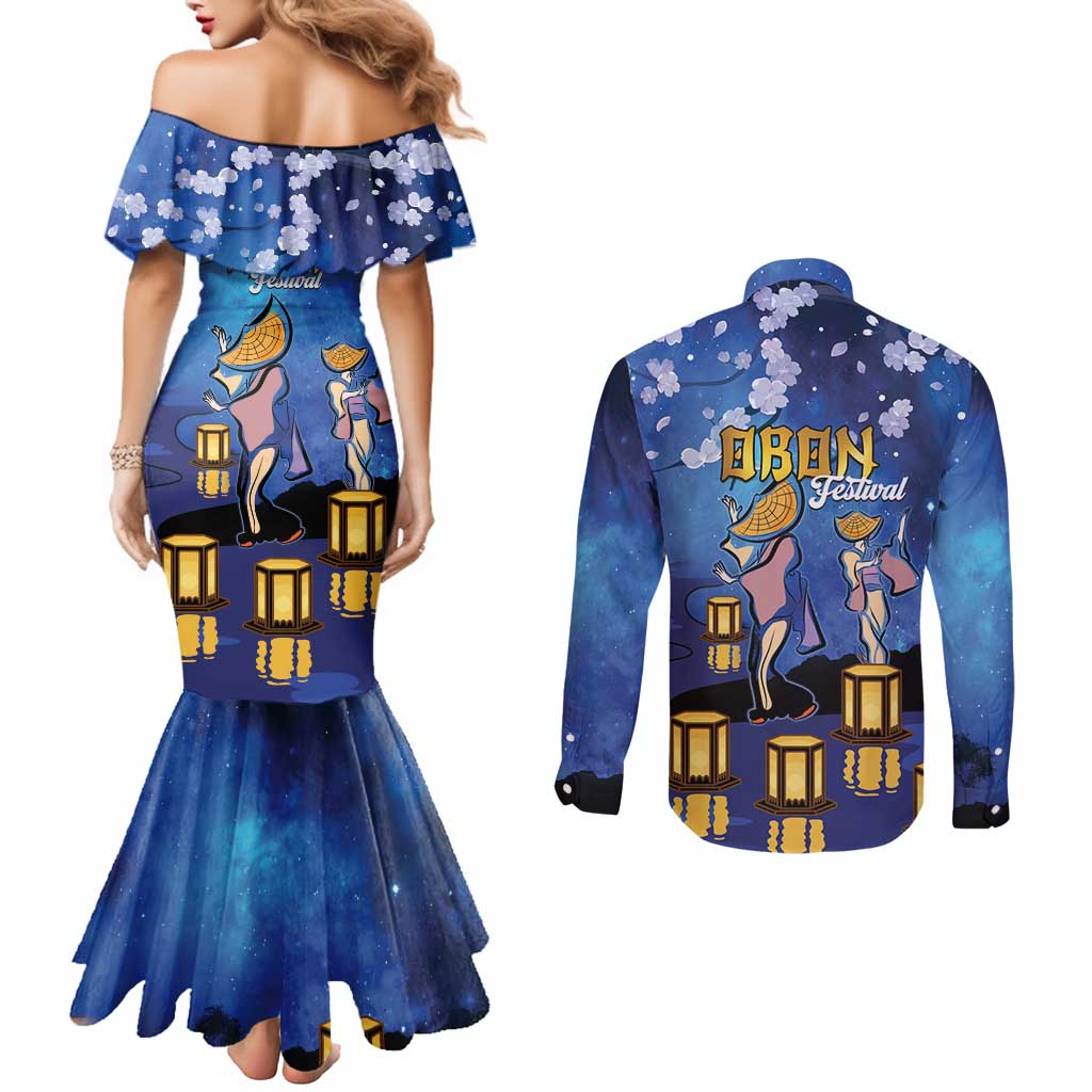 Japan Obon Festival Couples Matching Mermaid Dress and Long Sleeve Button Shirt Sakura Lanterns With Bon Dance - Polynesian Pride