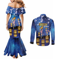 Japan Obon Festival Couples Matching Mermaid Dress and Long Sleeve Button Shirt Sakura Lanterns With Bon Dance - Polynesian Pride