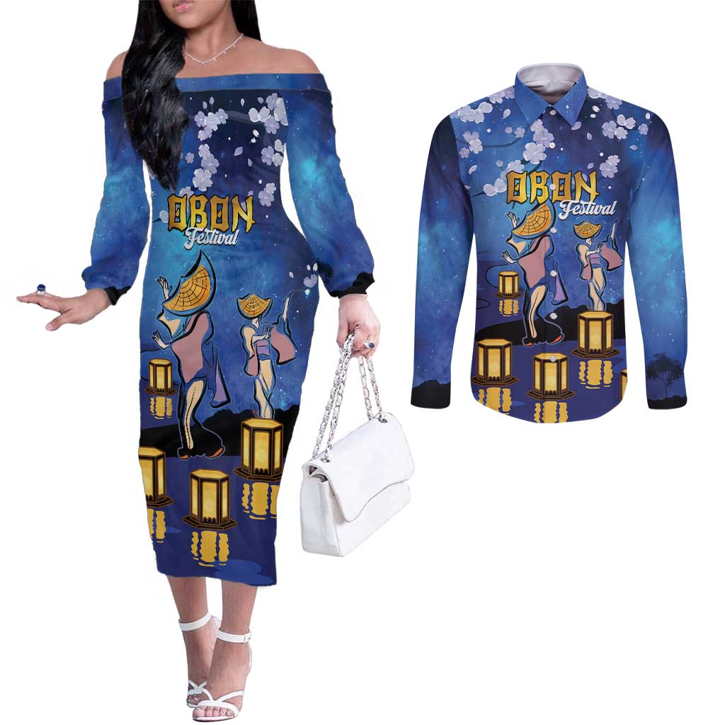Japan Obon Festival Couples Matching Off The Shoulder Long Sleeve Dress and Long Sleeve Button Shirt Sakura Lanterns With Bon Dance - Polynesian Pride