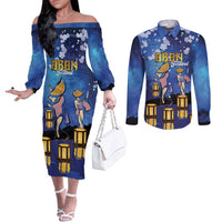 Japan Obon Festival Couples Matching Off The Shoulder Long Sleeve Dress and Long Sleeve Button Shirt Sakura Lanterns With Bon Dance - Polynesian Pride
