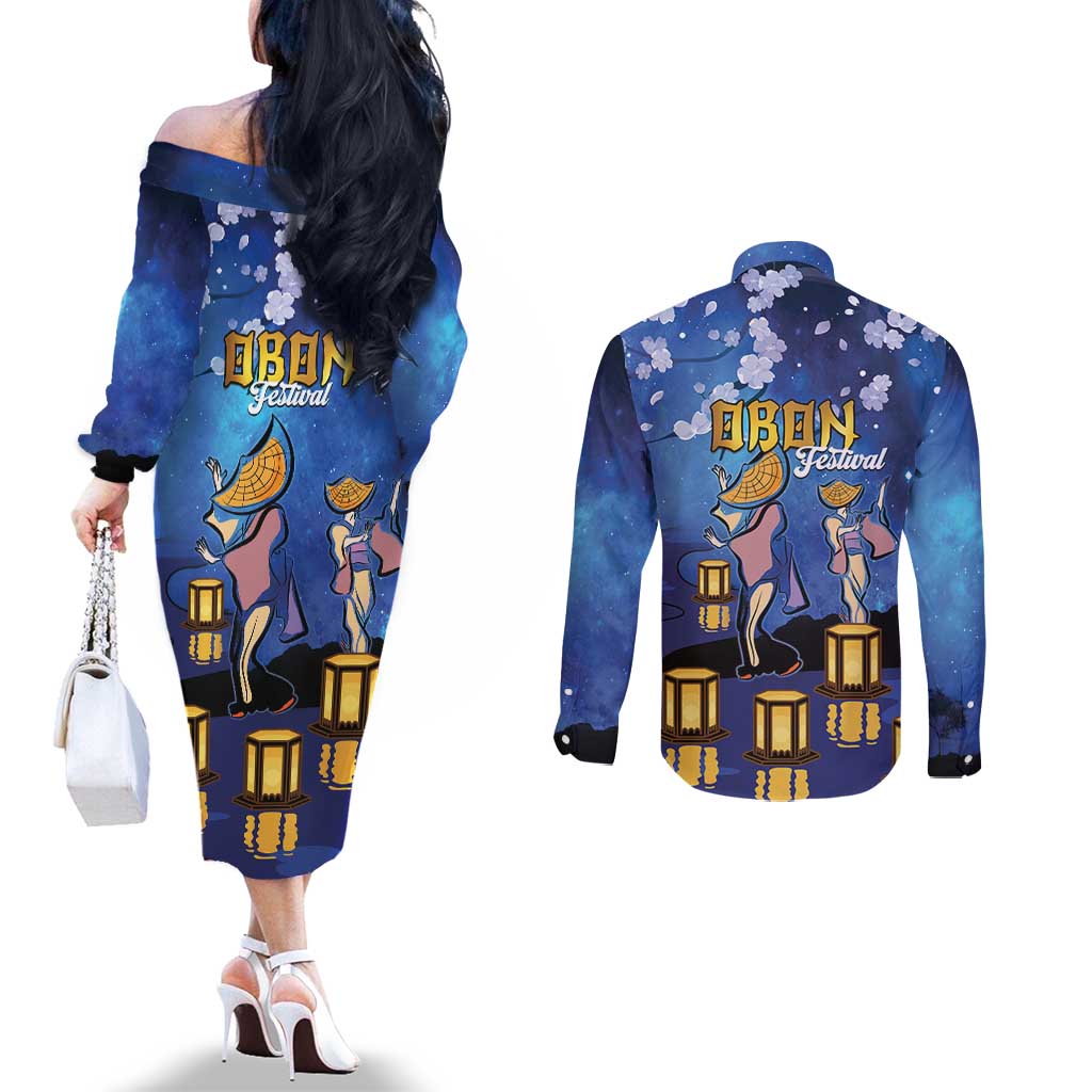 Japan Obon Festival Couples Matching Off The Shoulder Long Sleeve Dress and Long Sleeve Button Shirt Sakura Lanterns With Bon Dance - Polynesian Pride